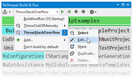 Run configurations in the ReSharper Build & Run window
