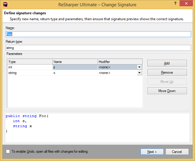 ReSharper Change Signature wizard ReSharper Change Signature wizard