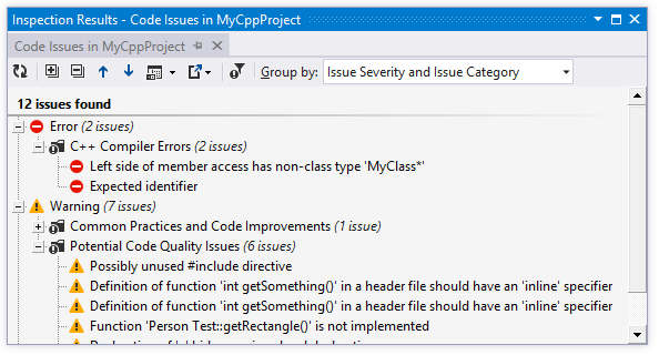 Code inspection results in a C++ project Code inspection results in a C++ project