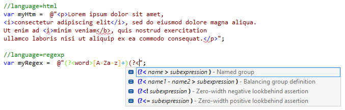 Language injections in C# strings with comments