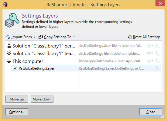 ReSharper. 'Setting Layers' dialog