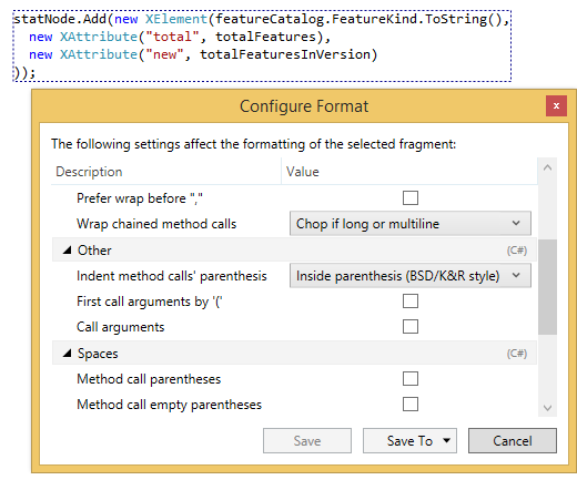 Configuring formatting rules for selected code