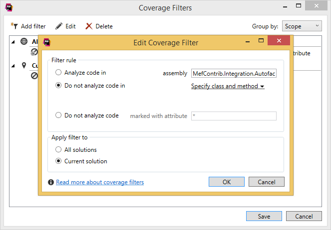dotCover helps filtering coverage results