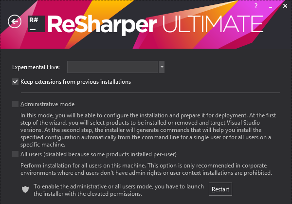 ReSharper installer. Custom settings 