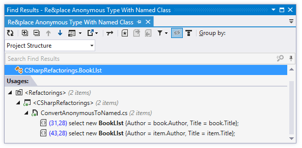Results of converting anonymous types into a named class Results of converting anonymous types into a named class