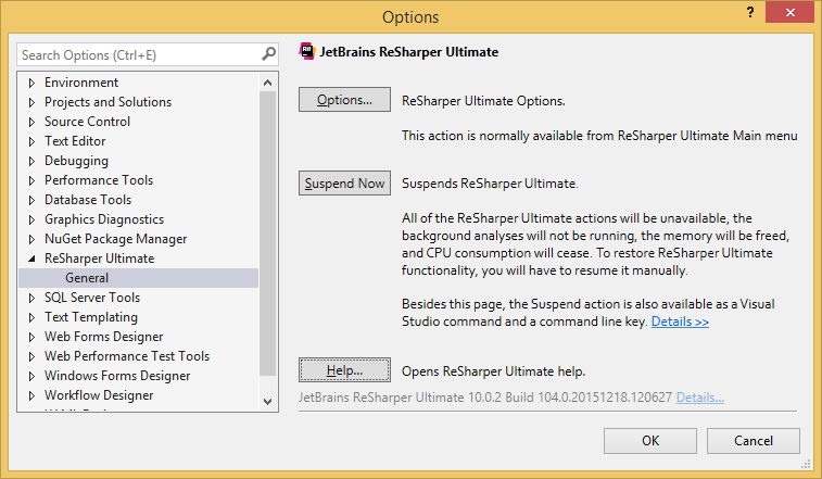 ReSharper page in Visual Studio options ReSharper page in Visual Studio options