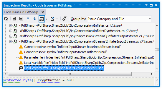 Detected code issues in the Inspection Result window Detected code issues in the Inspection Result window