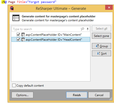 ReSharper: Generate content for masterpage's content placeholder ReSharper: Generate content for masterpage's content placeholder