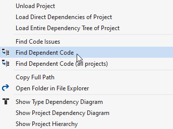 ReSharper helps find code dependent on a project or a referenced assembly ReSharper helps find code dependent on a project or a referenced assembly
