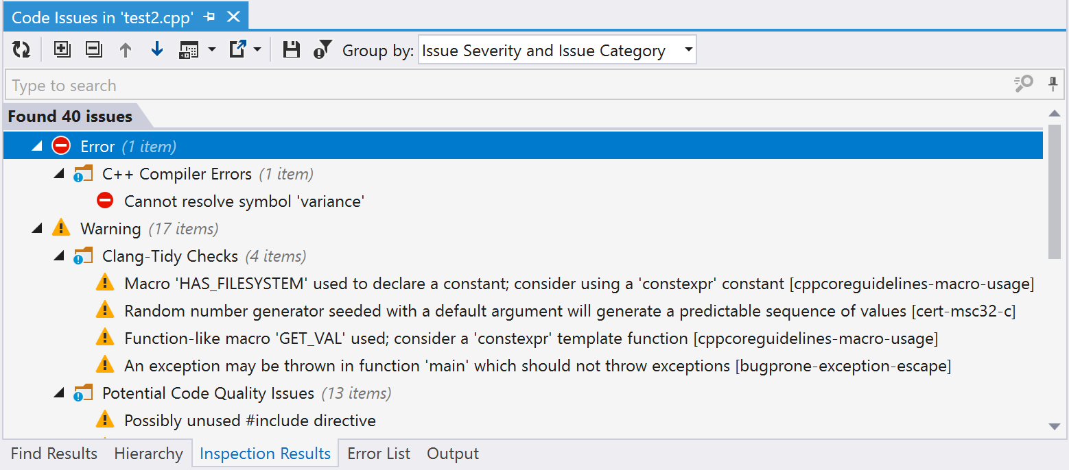 Code inspection results in a C++ project Code inspection results in a C++ project
