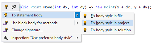 ReSharper. 'To statement body' quick-fix ReSharper. 'To statement body' quick-fix
