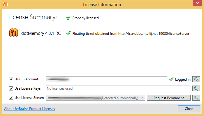 dotMemory. 'License Information' dialog dotMemory. 'License Information' dialog
