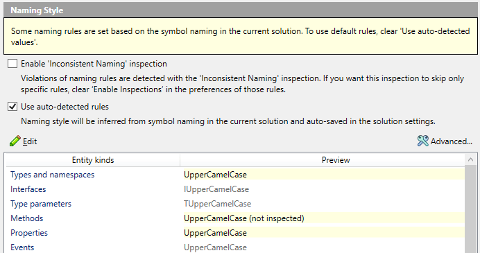ReSharper highlighting automatically-set naming rules with yellow ReSharper highlighting automatically-set naming rules with yellow