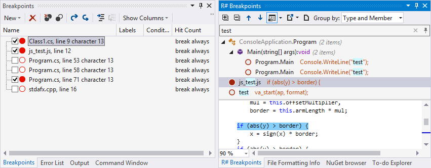 Visual Studio and ReSharper breakpoints windows Visual Studio and ReSharper breakpoints windows