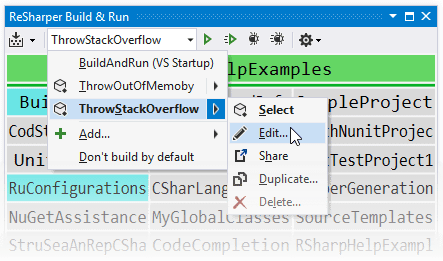 Run configurations in the ReSharper Build & Run window Run configurations in the ReSharper Build & Run window