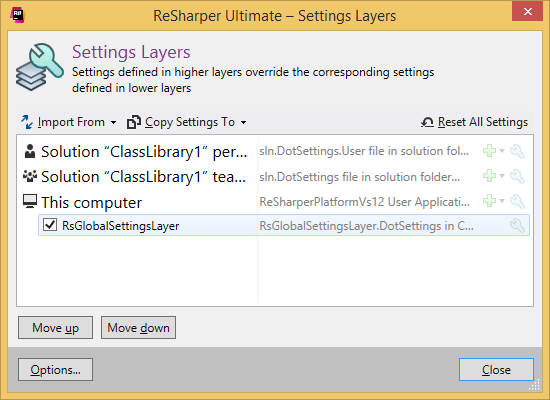 ReSharper. 'Setting Layers' dialog ReSharper. 'Setting Layers' dialog