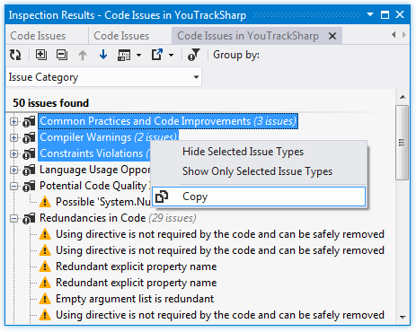 Copying found code issues to the clipboard