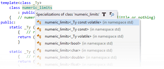 Navigating to specializations of a template