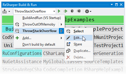 Run configurations in the ReSharper Build & Run window