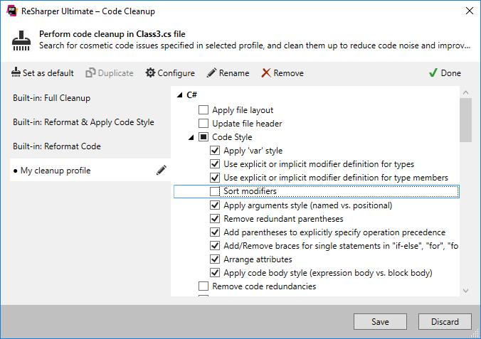 ReSharper. Code Cleanup dialog