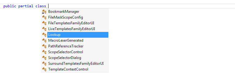 Suggestions for existing partial classes in ReSharper code completion