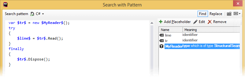 ReSharper's custom code inspections. Raw inspection pattern