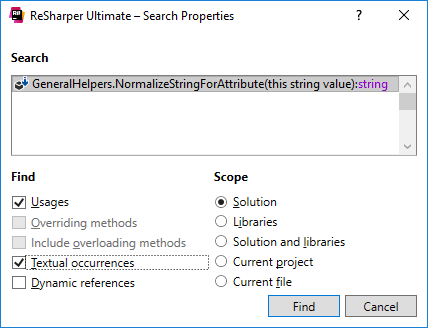 ReSharper. 'Search Properties' dialog