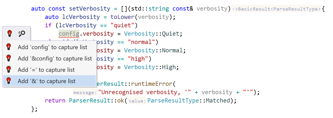 ReSharper C++: quick-fix to update the capture list