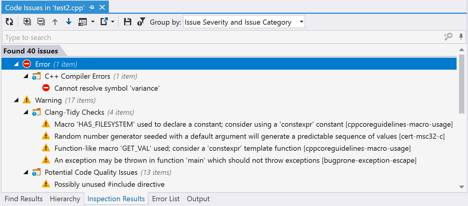 Code inspection results in a C++ project