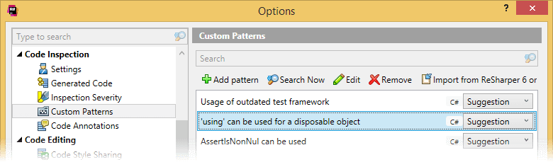 Pattern catalog in ReSharper options