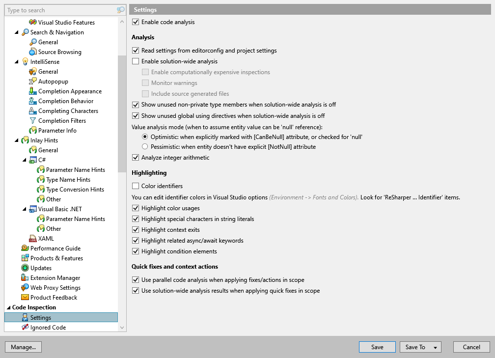 ReSharper options: Code Inspection | Settings