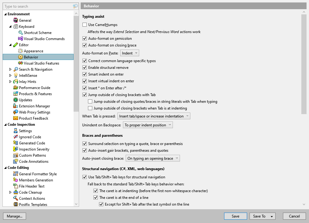 ReSharper options: Environment | Editor | Behavior