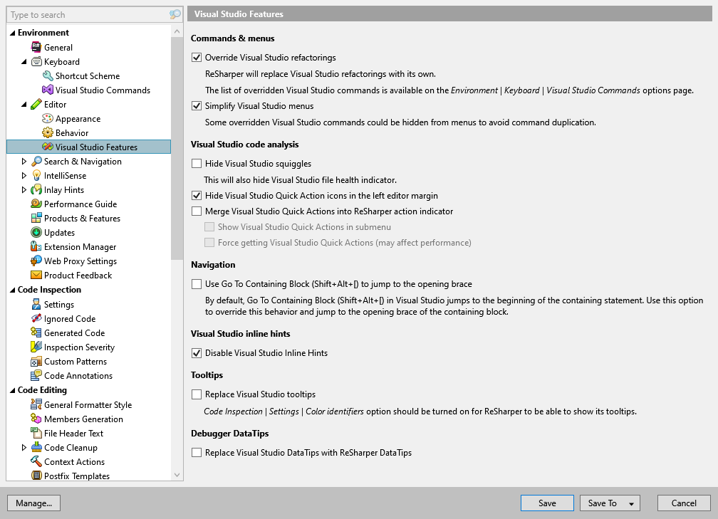 ReSharper options: Environment | Editor | Visual Studio Features
