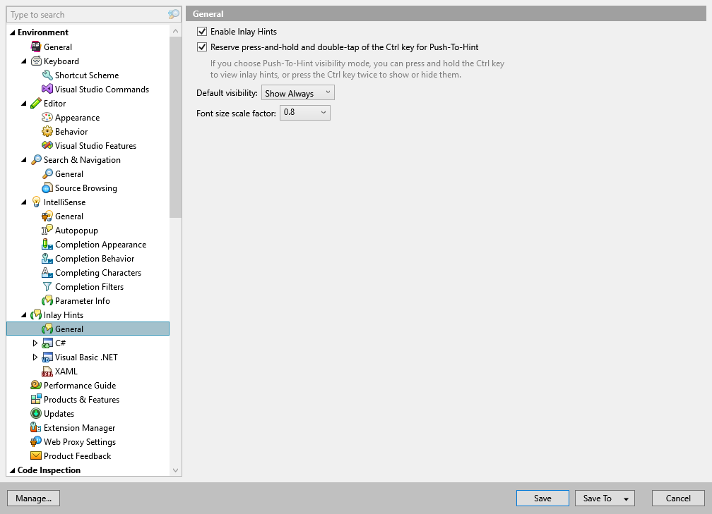 ReSharper options: Environment | Inlay Hints | General