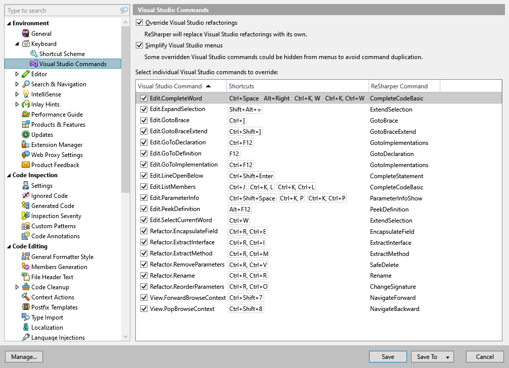 ReSharper options: Environment | Keyboard | Visual Studio Commands