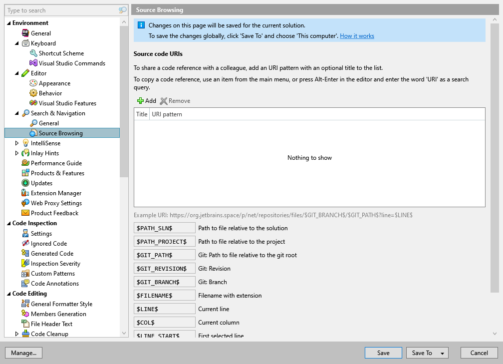 ReSharper options: Environment | Search & Navigation | Source Browsing