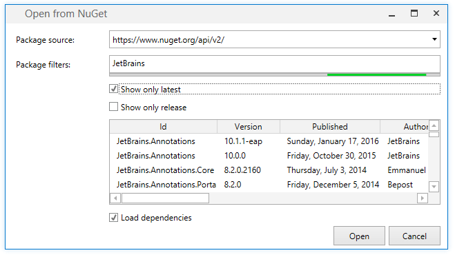 Opening NuGet packages from an online package source