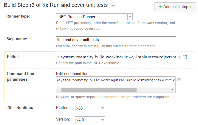 TeamCity build steps. Run and cover