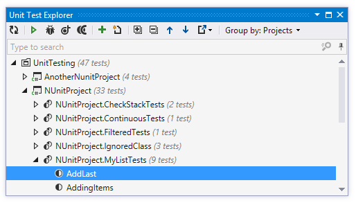 Unit Test Explorer displays tests from the entire solution