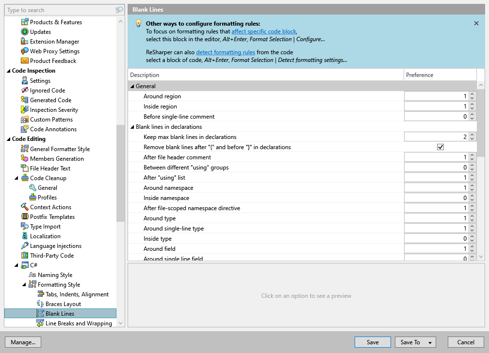 ReSharper options: Code Editing | C# | Formatting Style | Blank Lines