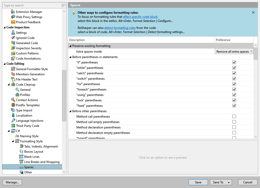 ReSharper options: Code Editing | C# | Formatting Style | Spaces