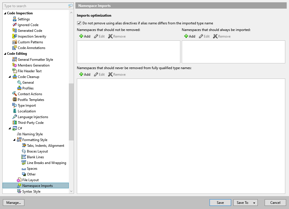 ReSharper options: Code Editing | C# | Namespace Imports