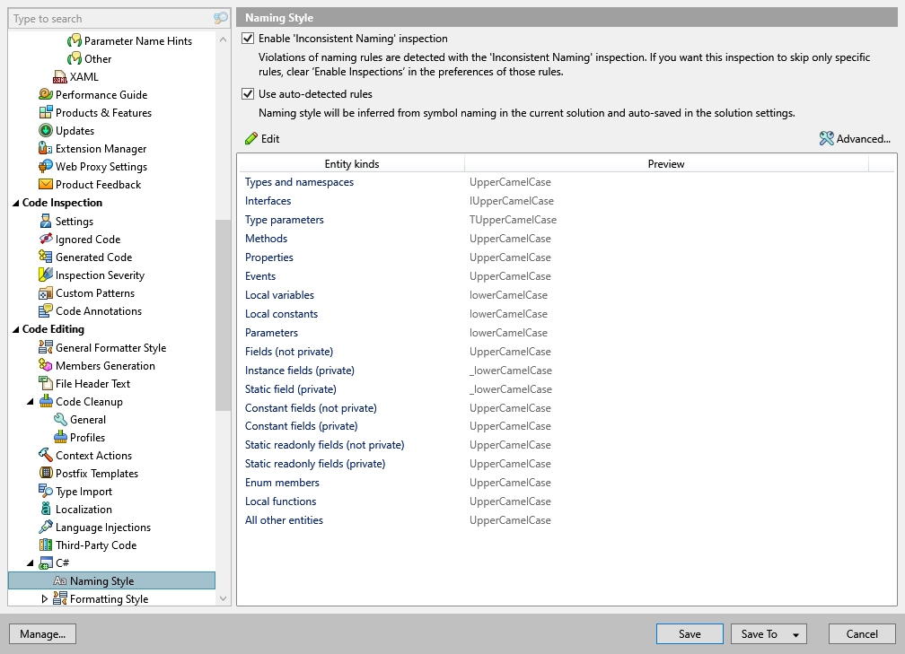 ReSharper options: Code Editing | C# | Naming Style