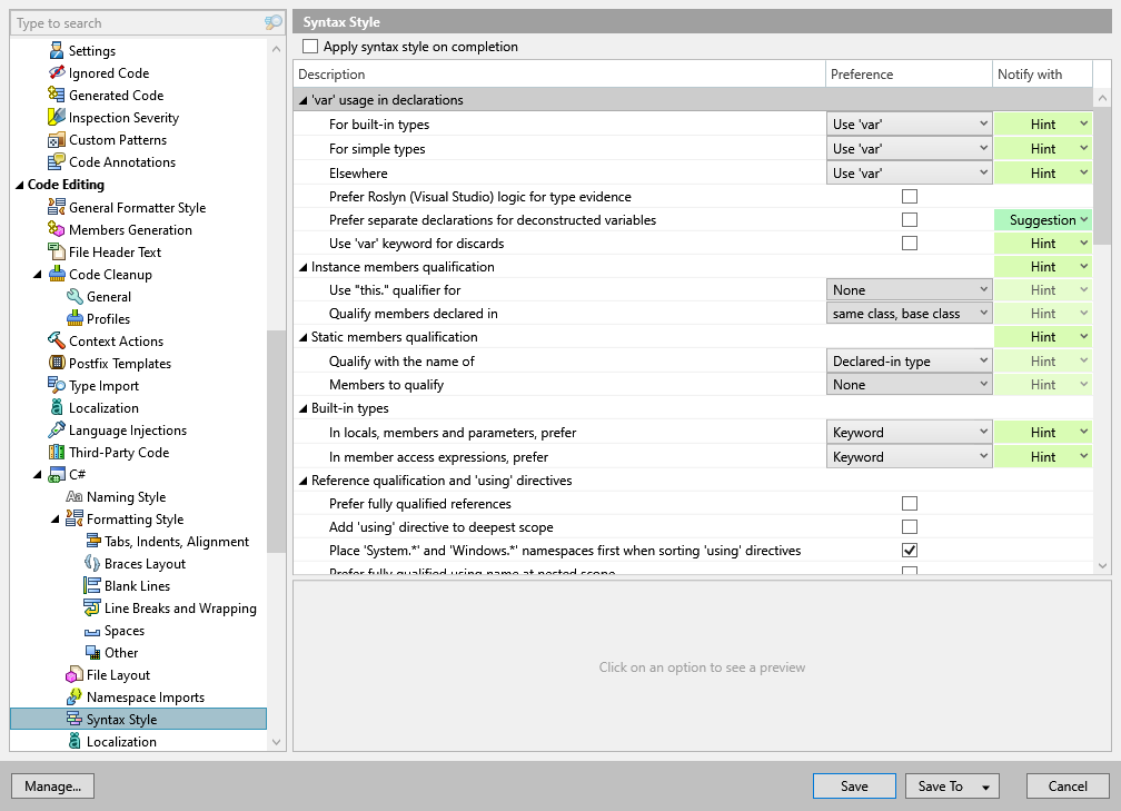 ReSharper options: Code Editing | C# | Syntax Style