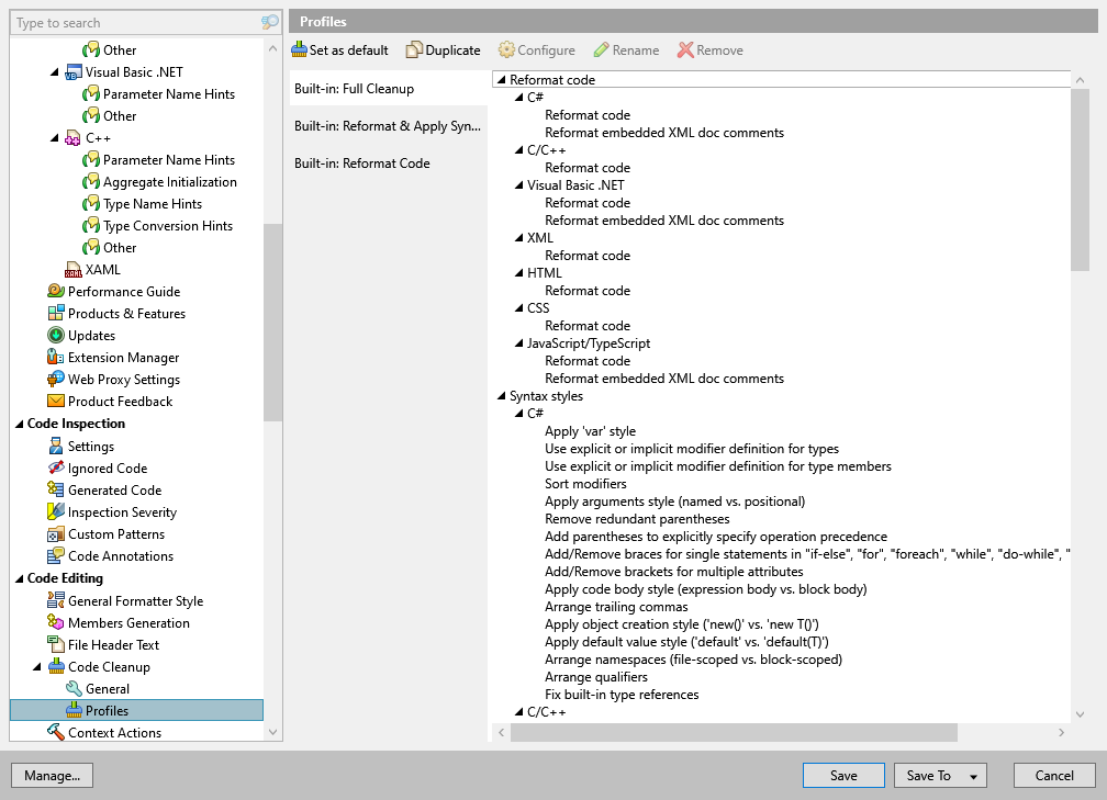 ReSharper options: Code Editing | Code Cleanup | Profiles