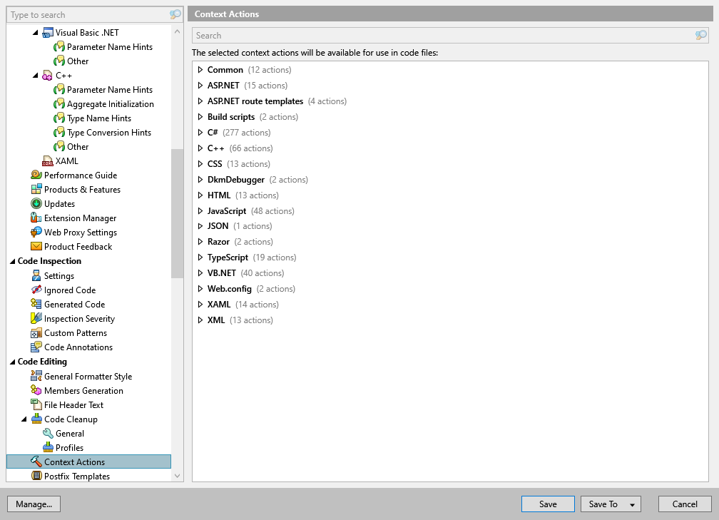 ReSharper options: Code Editing | Context Actions