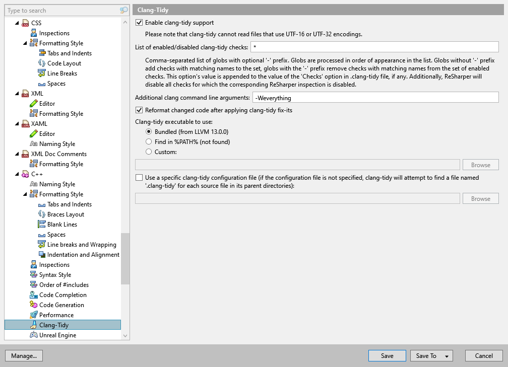 ReSharper options: Code Editing | C++ | Clang-Tidy