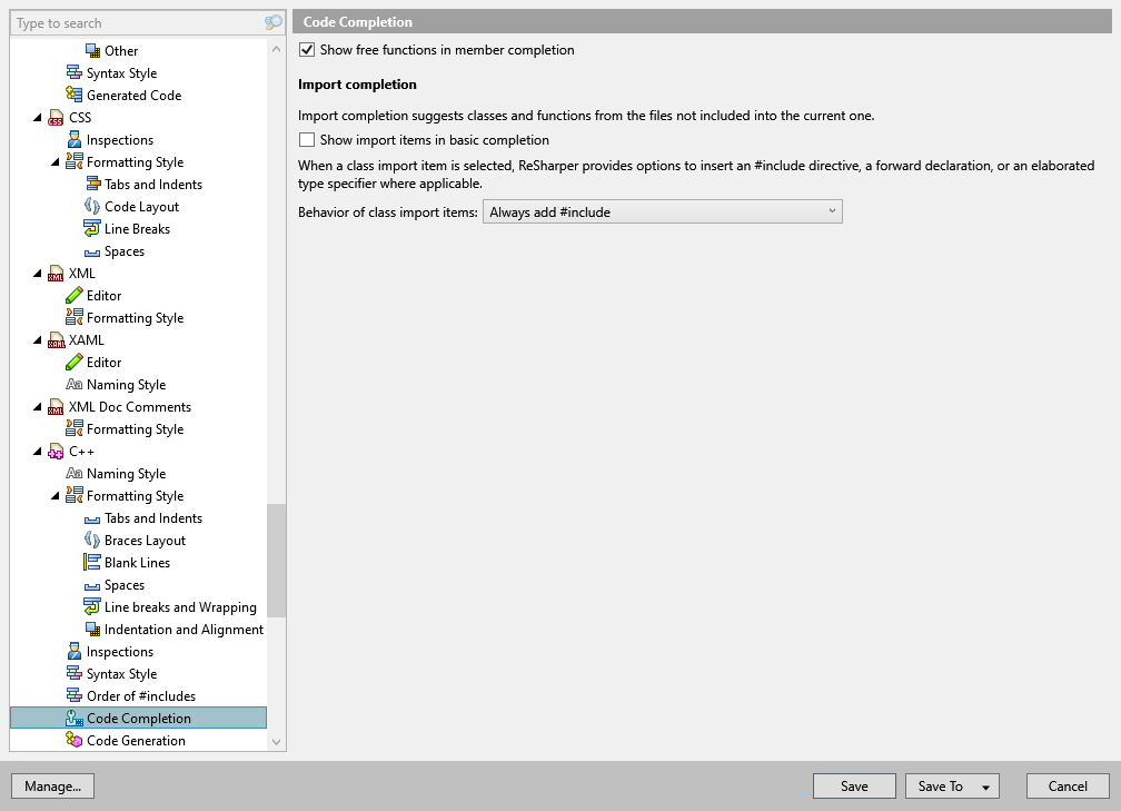 ReSharper options: Code Editing | C++ | Code Completion