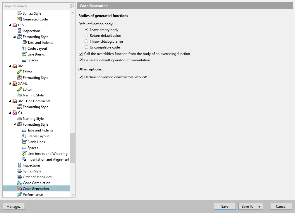 ReSharper options: Code Editing | C++ | Code Generation