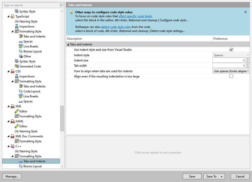 ReSharper options: Code Editing | C++ | Formatting Style | Tabs and Indents